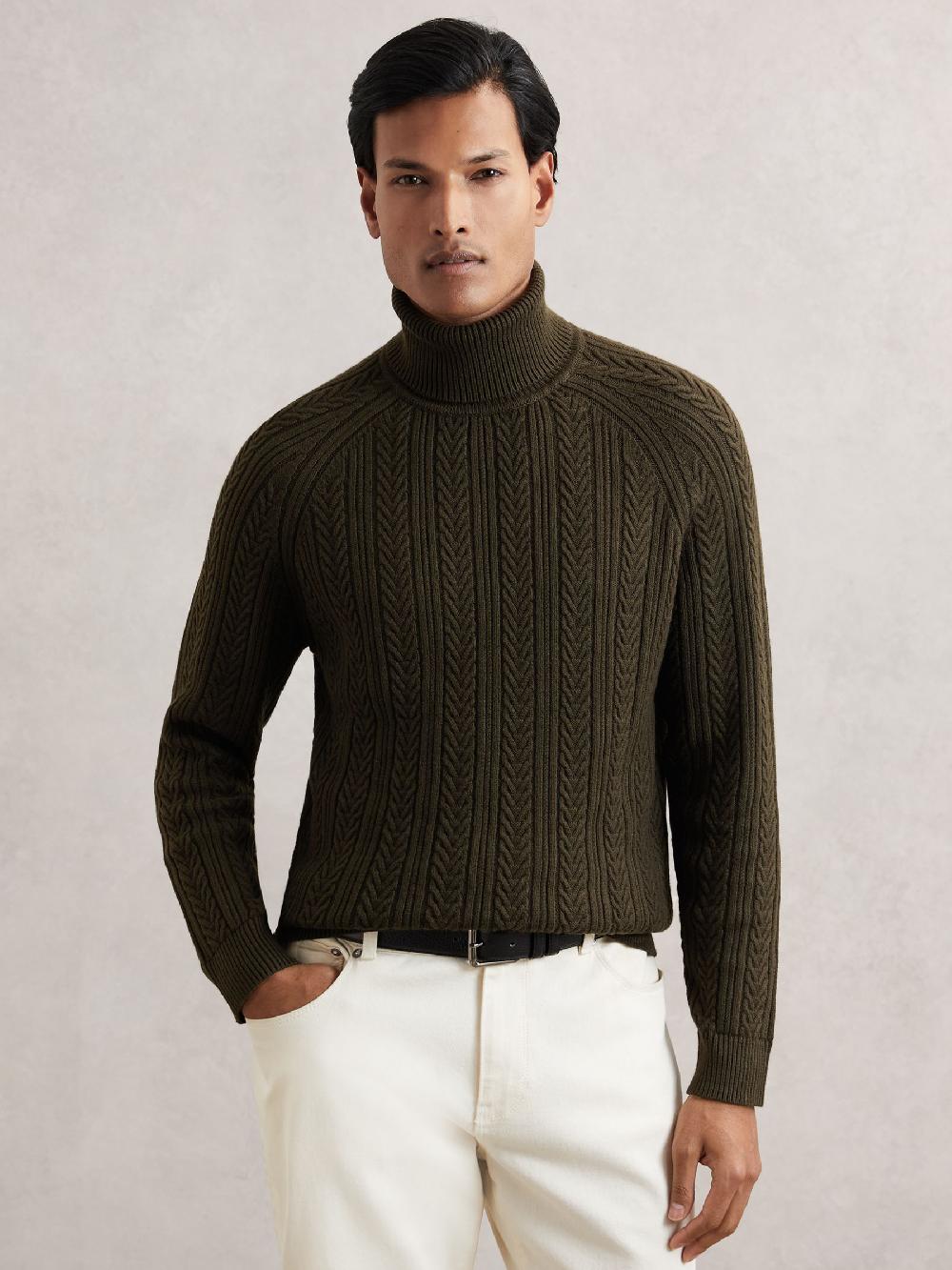 Reiss Cable-Knit Roll-Neck Jumper With Wool In Dark Olive Green