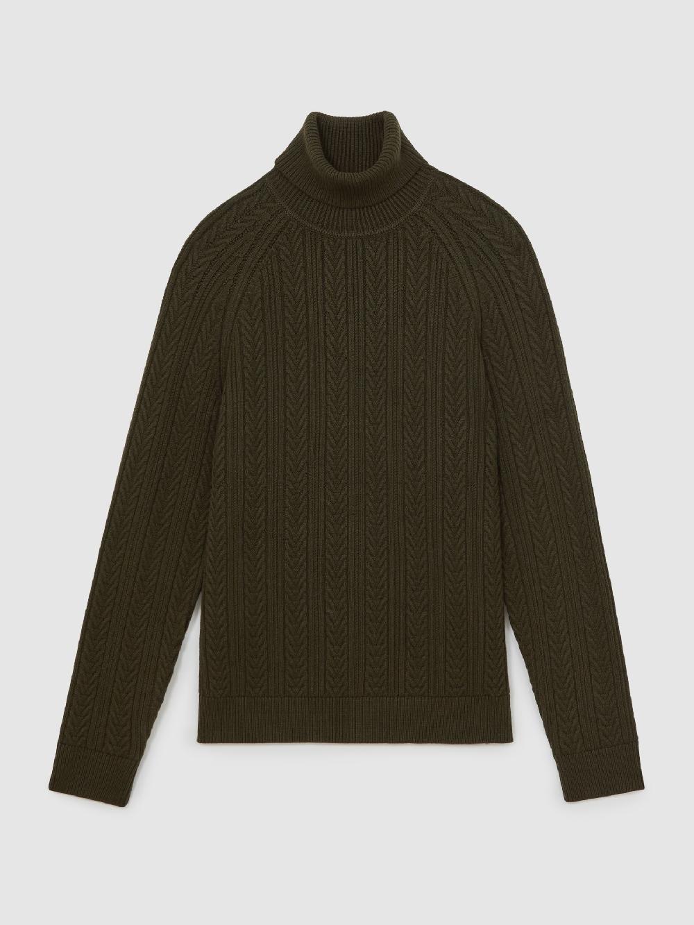 Reiss Cable-Knit Roll-Neck Jumper With Wool In Dark Olive Green