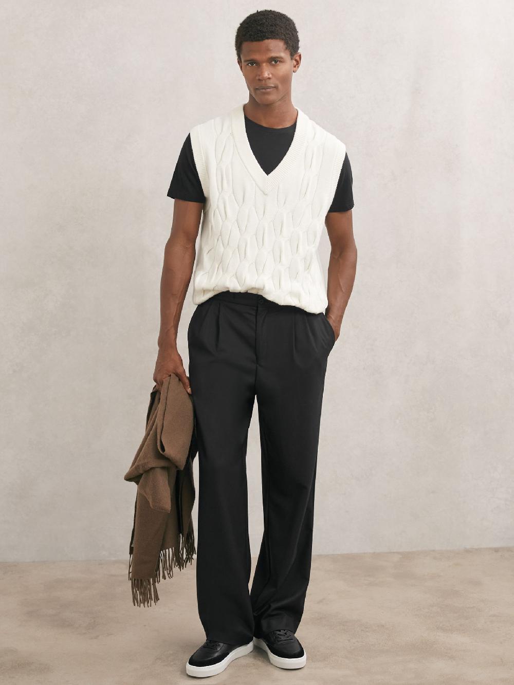 Reiss Cable-Knit V-Neck Vest With Wool In Winter White