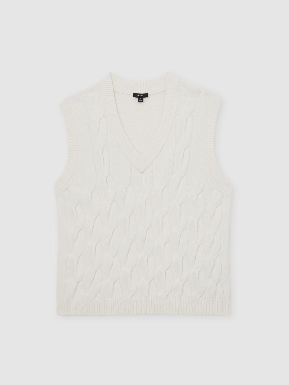 Reiss Cable-Knit V-Neck Vest With Wool In Winter White
