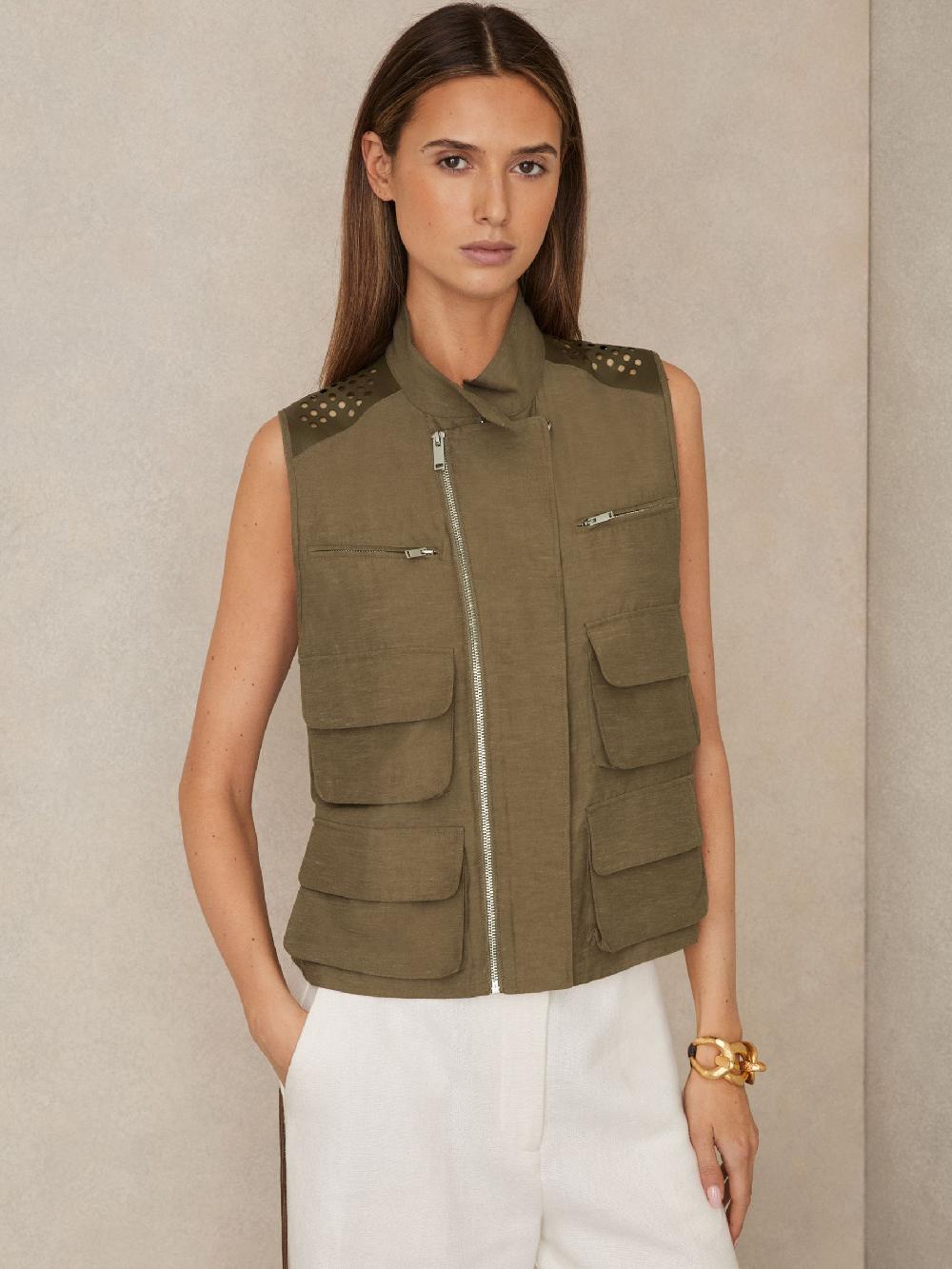 Reiss Cargo-Pocket Laser-Cut Gilet With Linen In Khaki