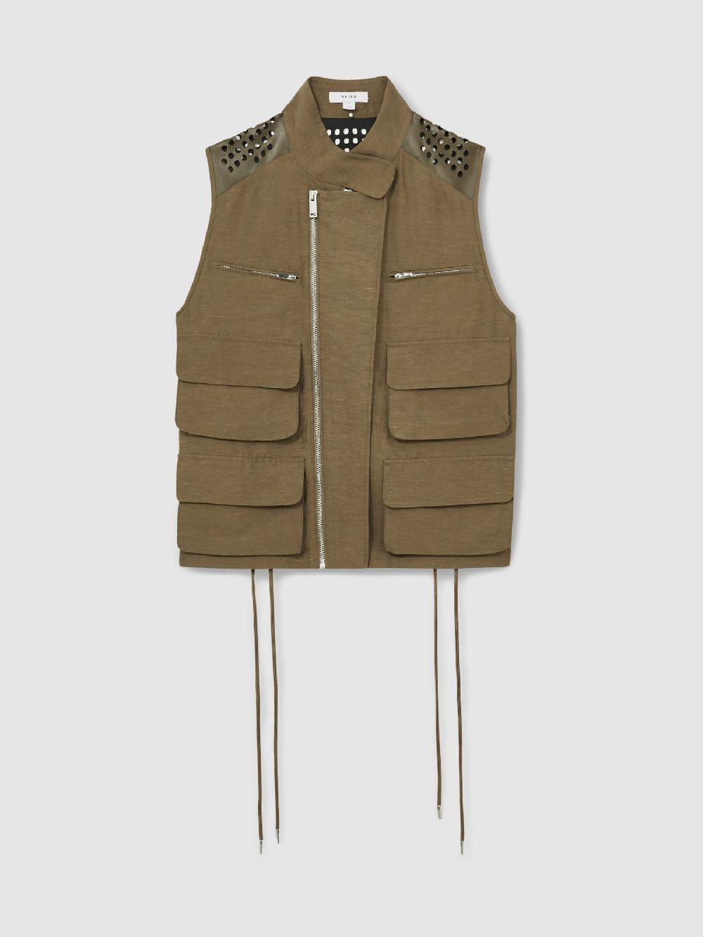 Reiss Cargo-Pocket Laser-Cut Gilet With Linen In Khaki