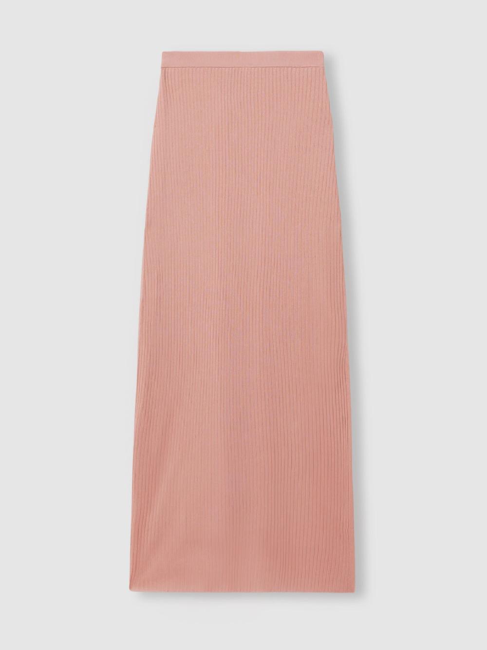 Reiss Carrie Pink Anna Quan Sheer Ribbed Knitted Midi Skirt