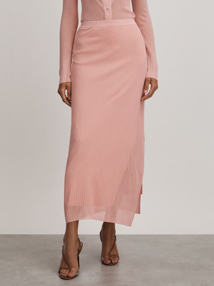 reiss Carrie Pink Anna Quan Sheer Ribbed Knitted Midi Skirt