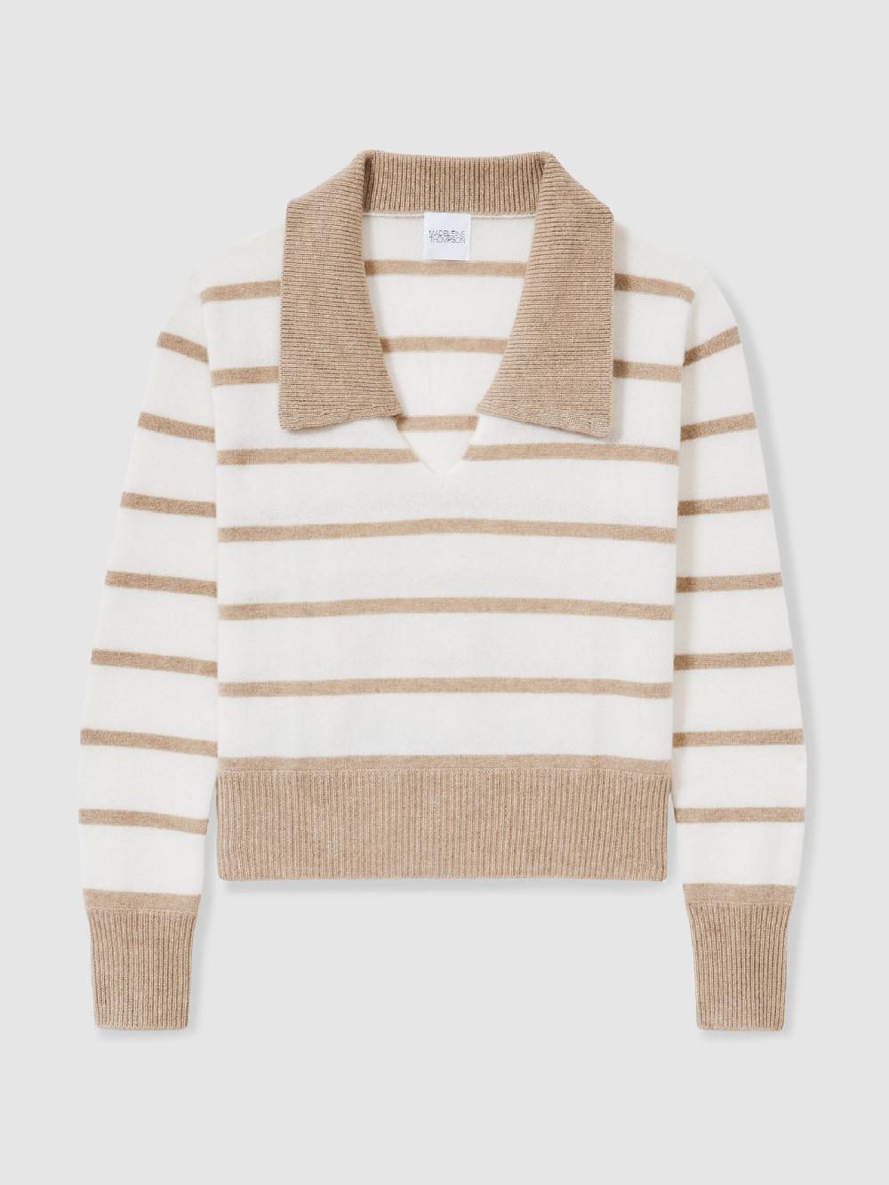 Reiss Cashmere Open Collar Striped Jumper In White/Beige
