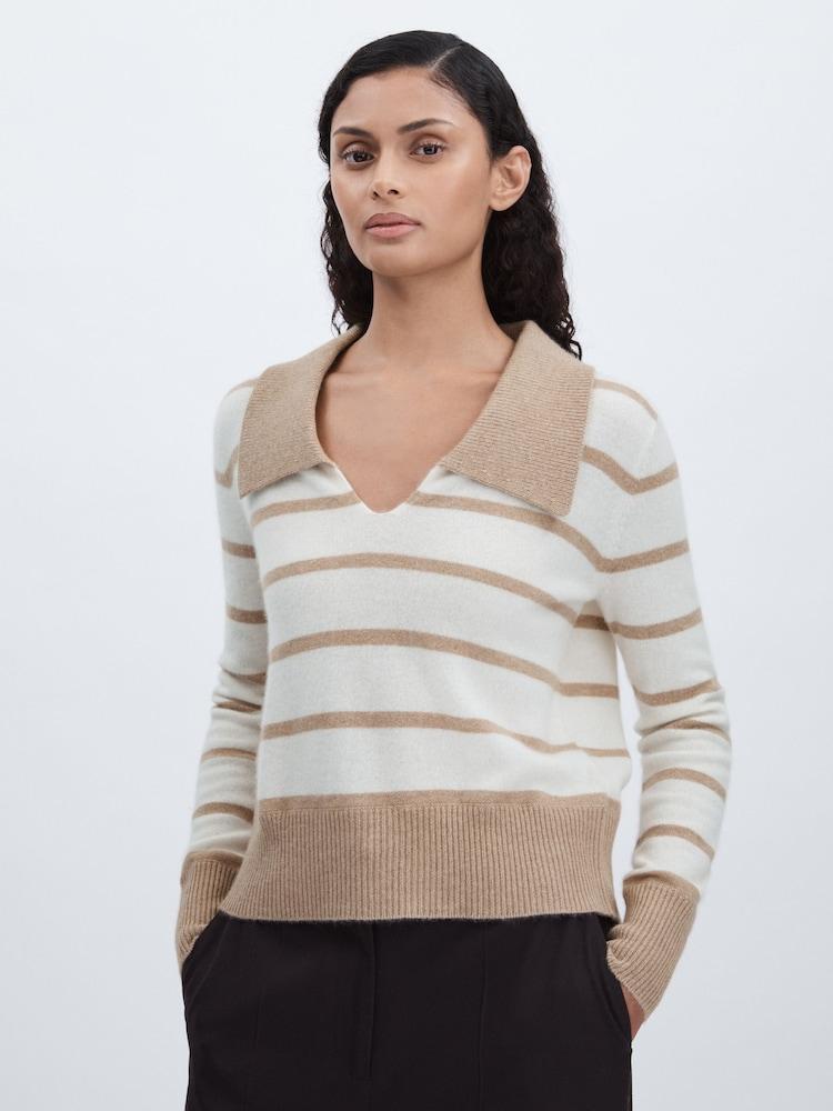 reiss Cashmere Open Collar Striped Jumper in White/Beige