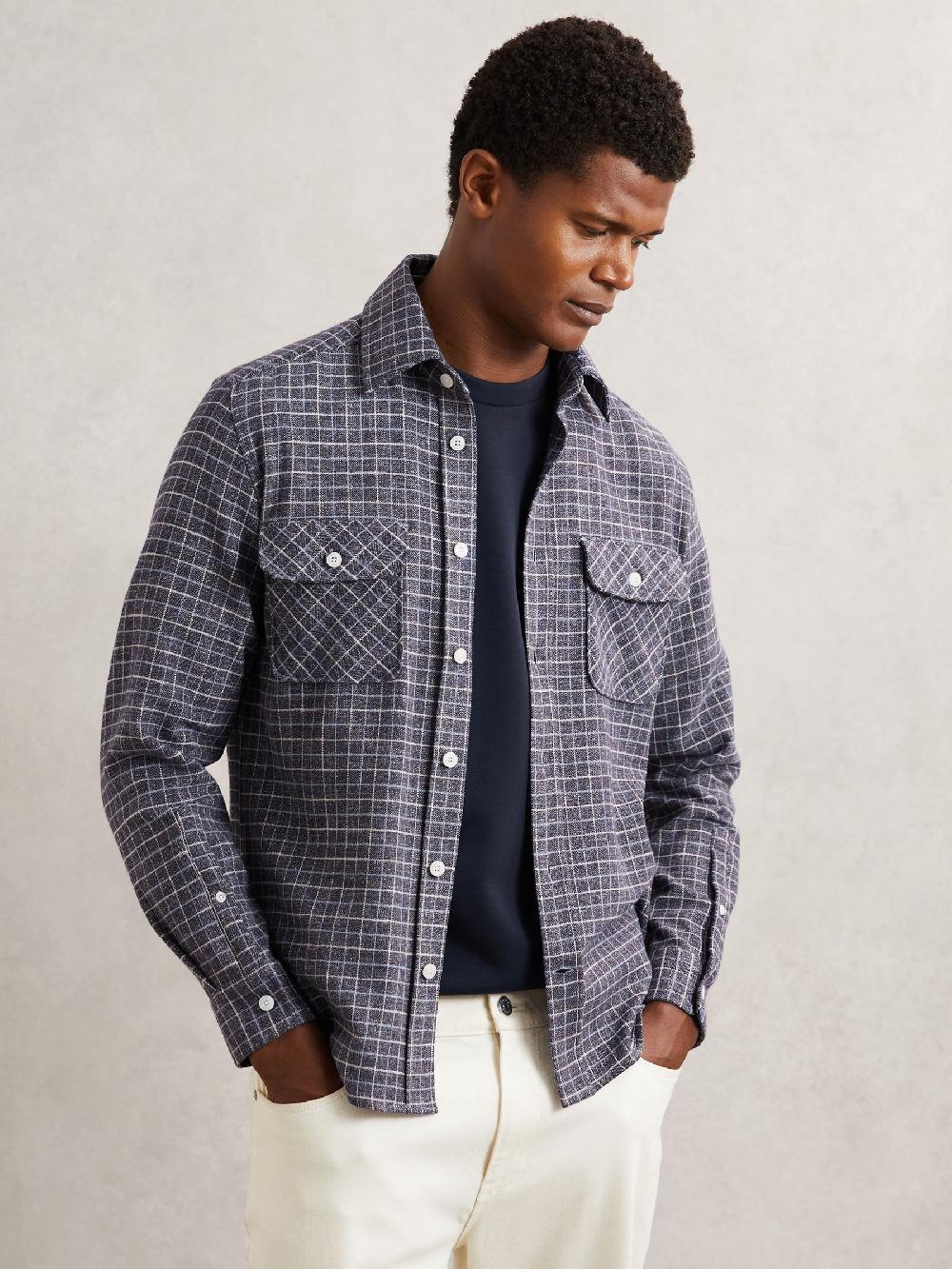 Reiss Check Twin-Pocket Jersey Overshirt In Indigo Blue