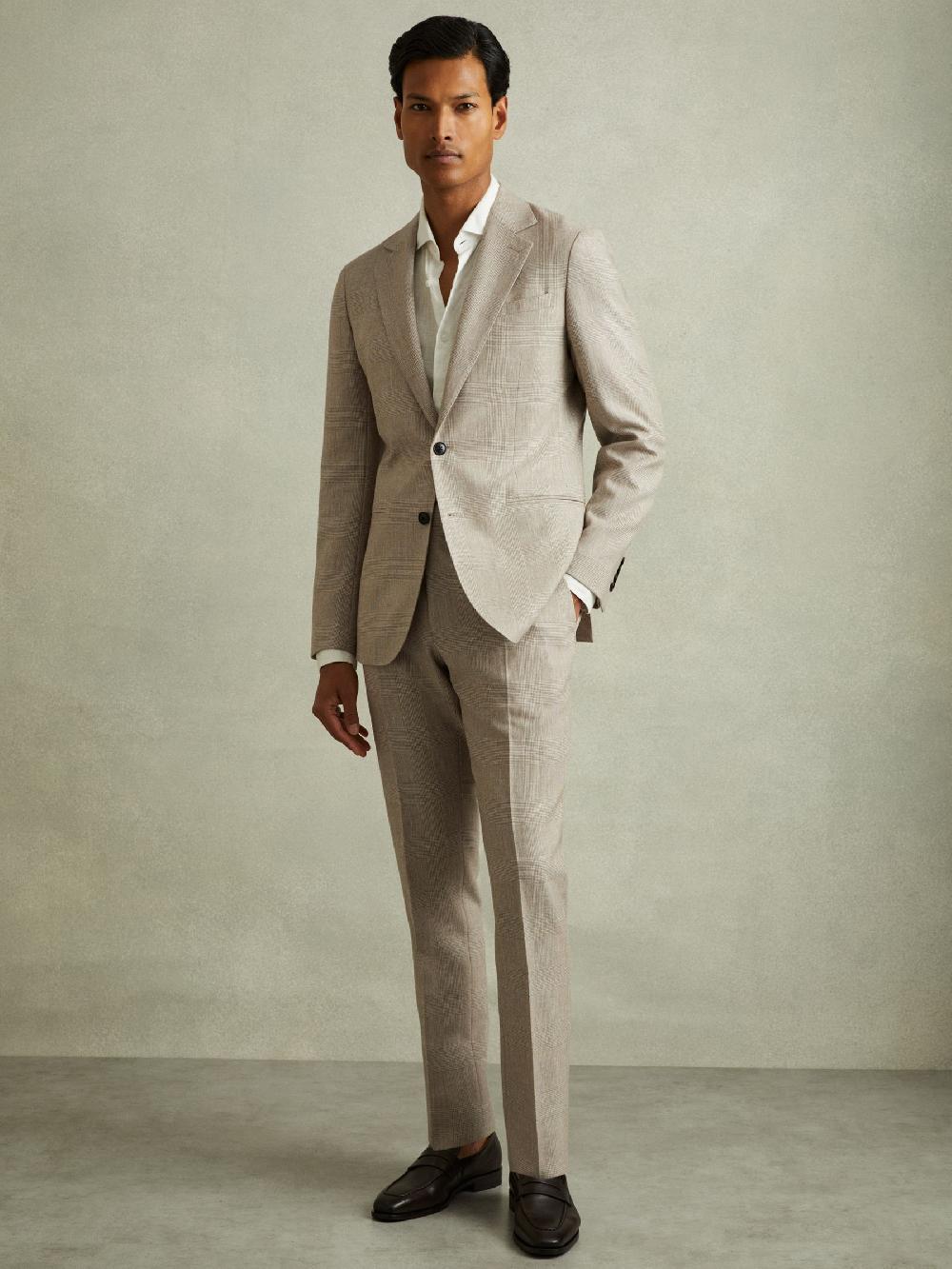 Reiss Checked Side Adjuster Trousers In Wool-Linen In Oatmeal
