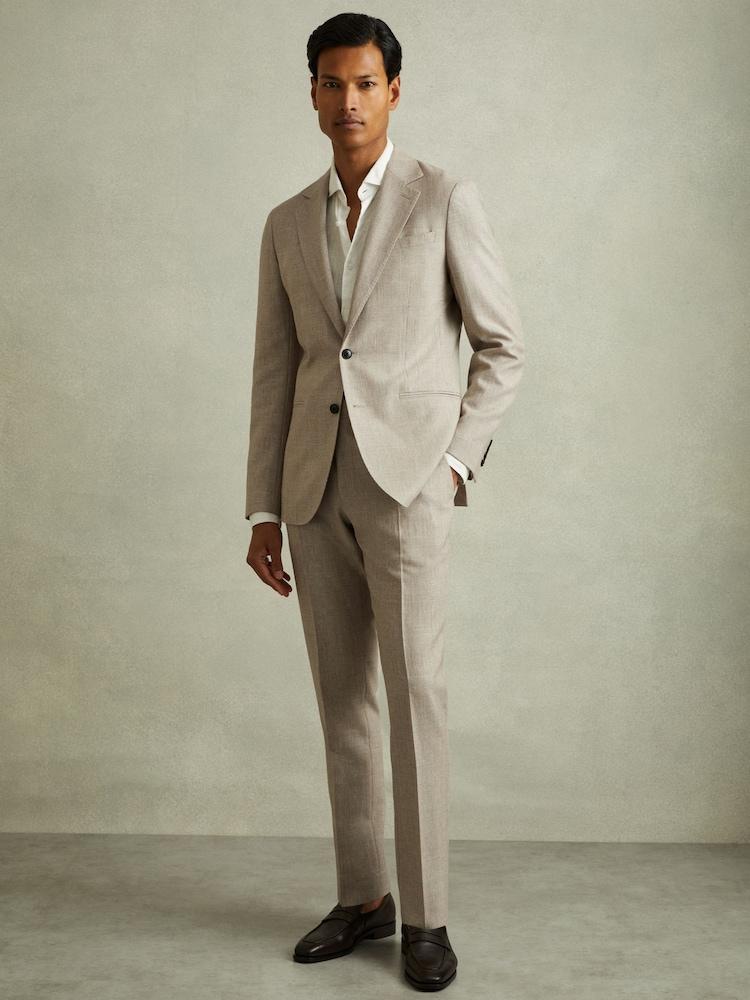 reiss Checked Side Adjuster Trousers in Wool-Linen in Oatmeal