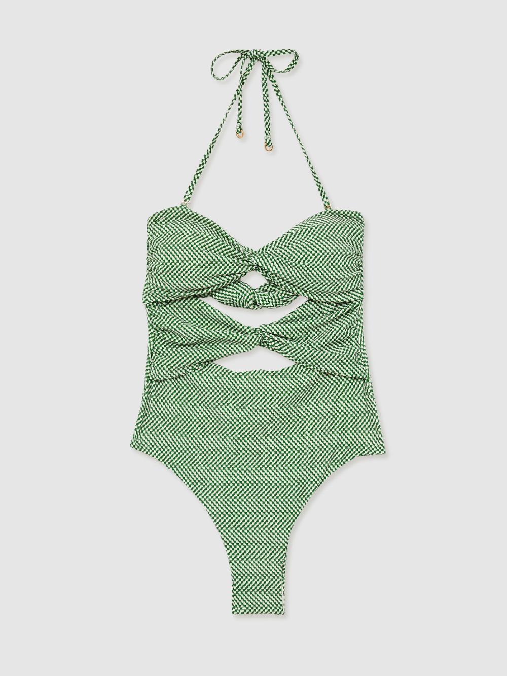 Reiss Chequered Print Cut Out Swimsuit In Green/White