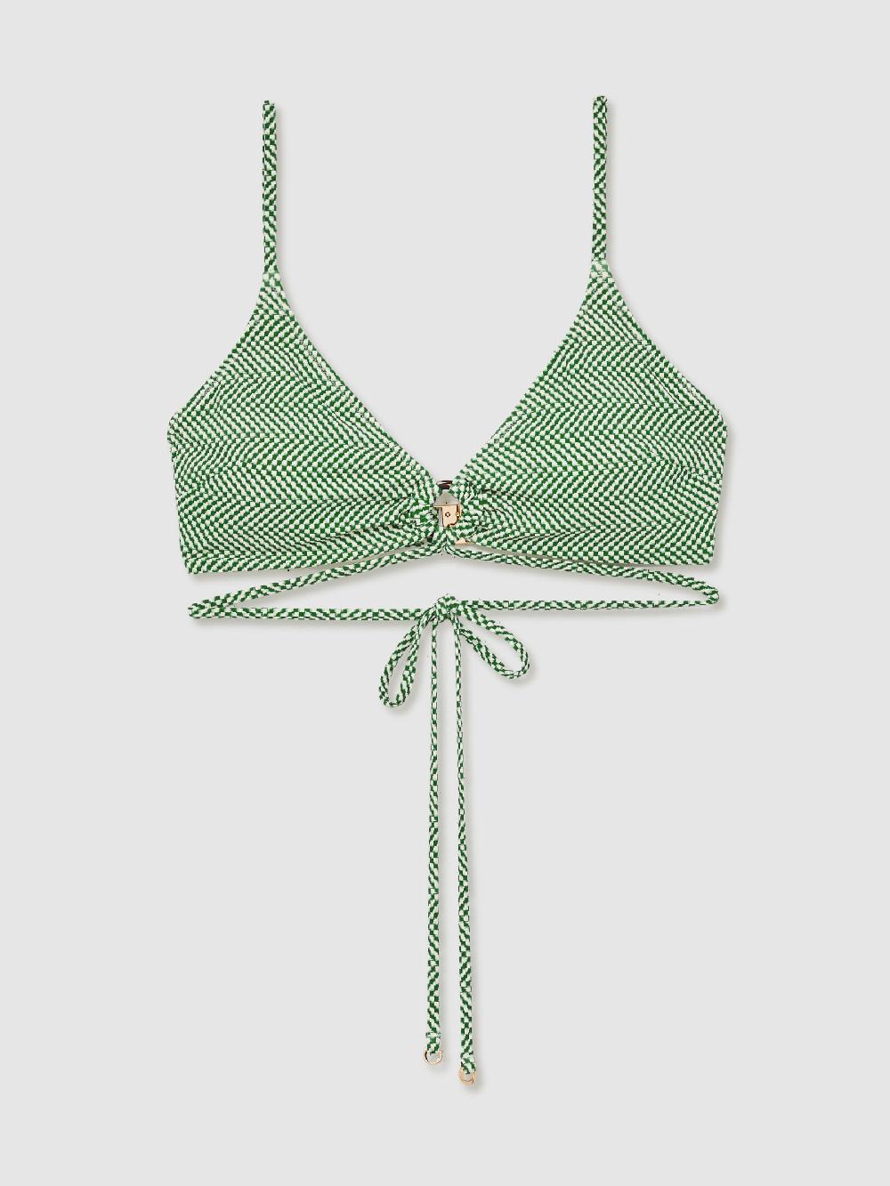 Reiss Chequered-Print Triangle Bikini Top In Green/White