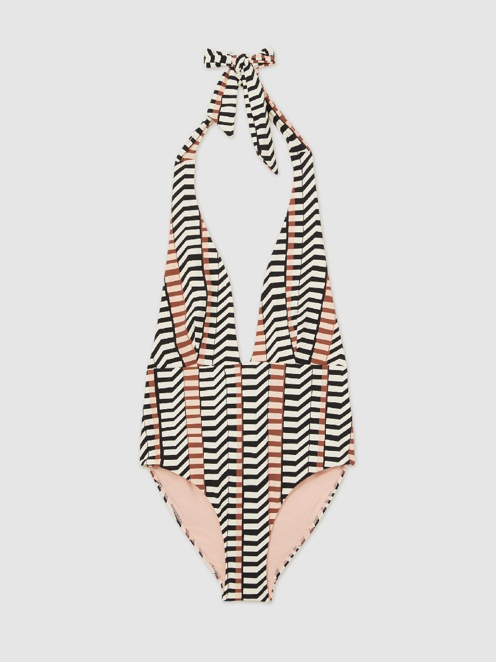 Reiss Chevron Stripe Plunge Swimsuit In Black/Brown