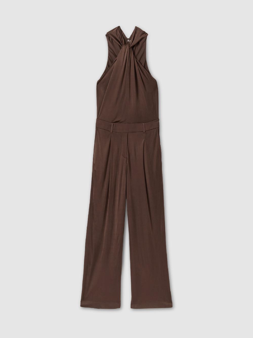 Reiss Claudia Chocolate Jersey Halter Neck Wide Leg Jumpsuit