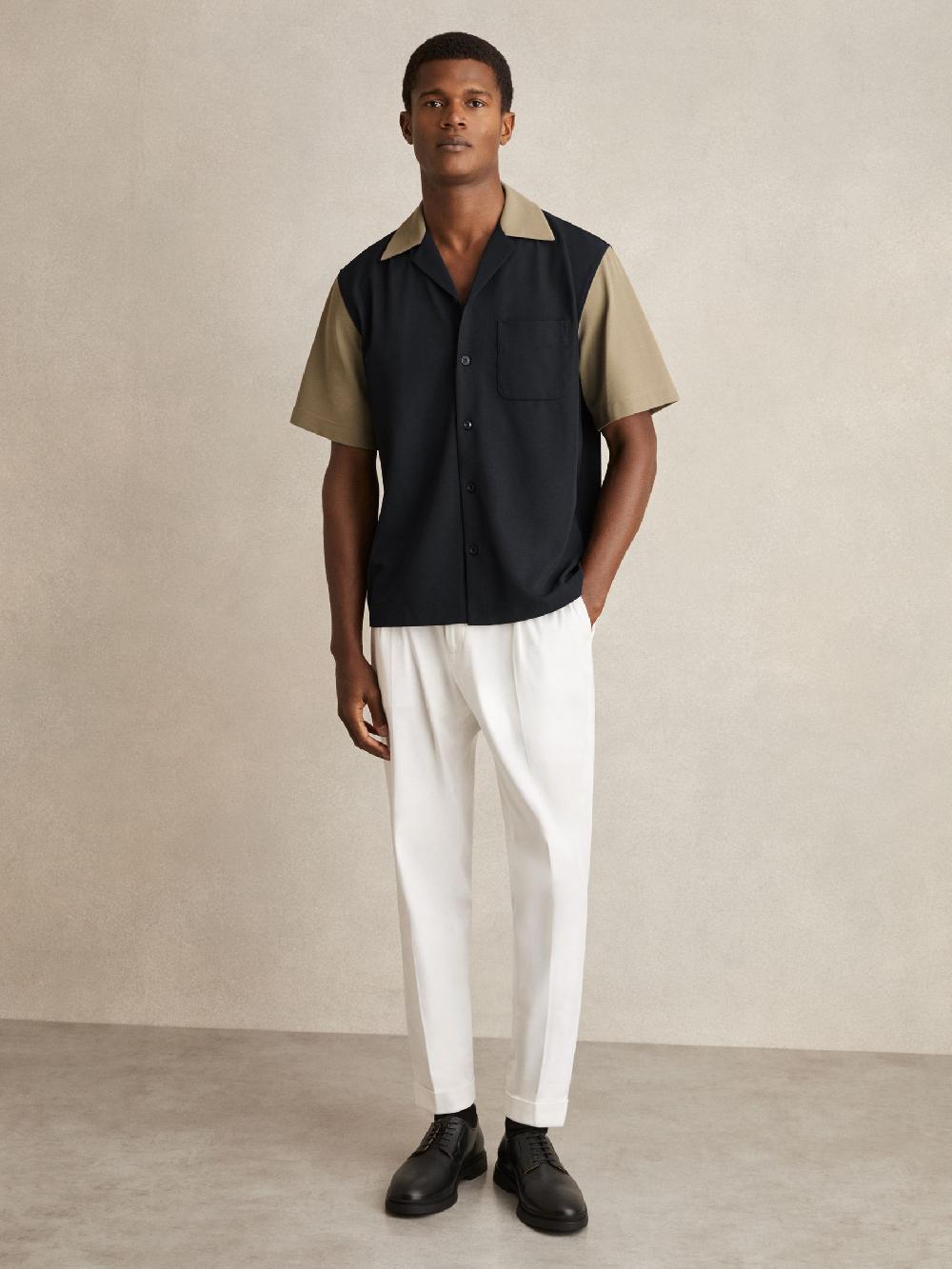 Reiss Colour-Block Cuban-Collar Shirt In Navy/Brown