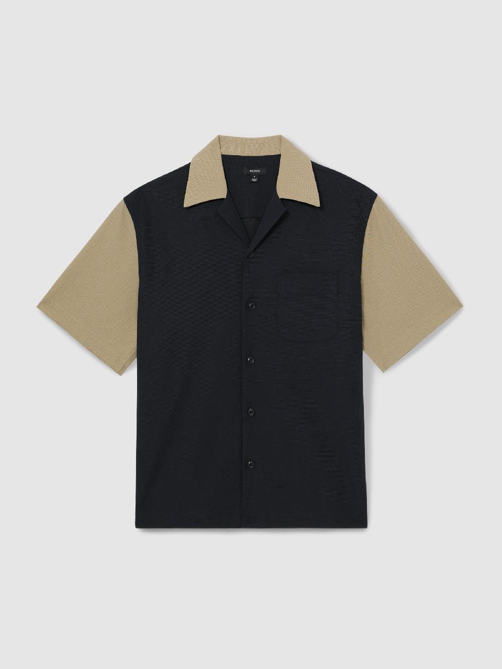 Reiss Colour-Block Cuban-Collar Shirt In Navy/Brown