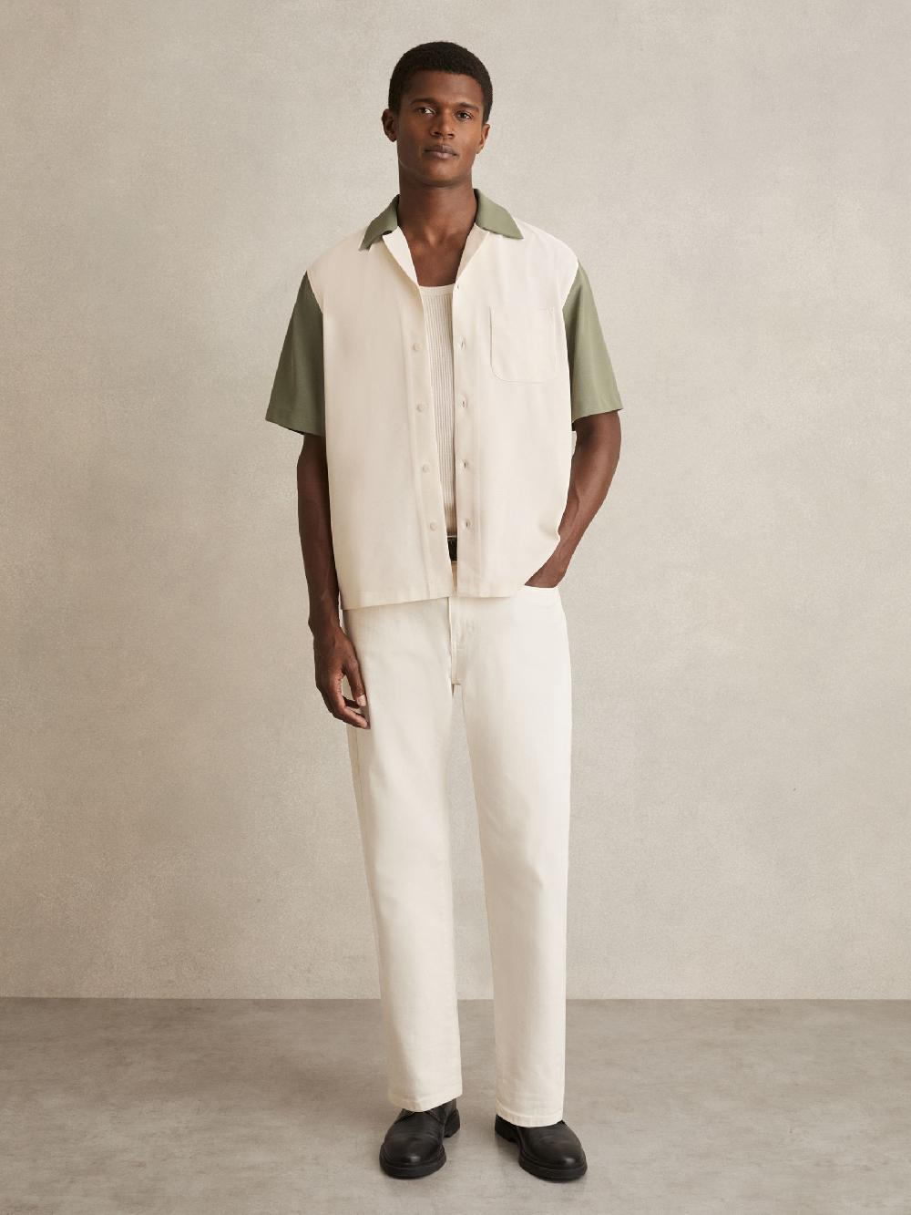 Reiss Colour-Block Cuban-Collar Shirt In Off White/Sage