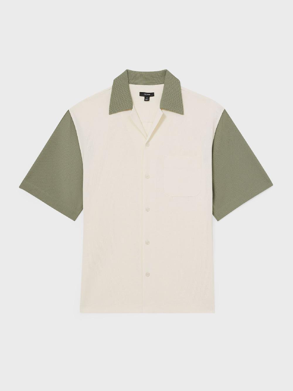 Reiss Colour-Block Cuban-Collar Shirt In Off White/Sage