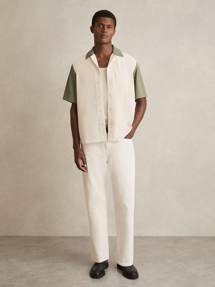 reiss Colour-Block Cuban-Collar Shirt in Off White/Sage