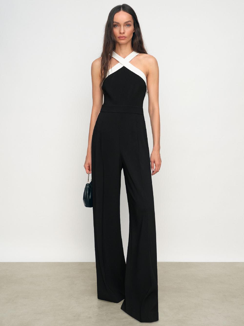 Reiss Colour-Block Halter Wide-Leg Jumpsuit In Black/Cream