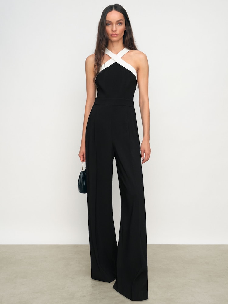reiss Colour-Block Halter Wide-Leg Jumpsuit in Black/Cream