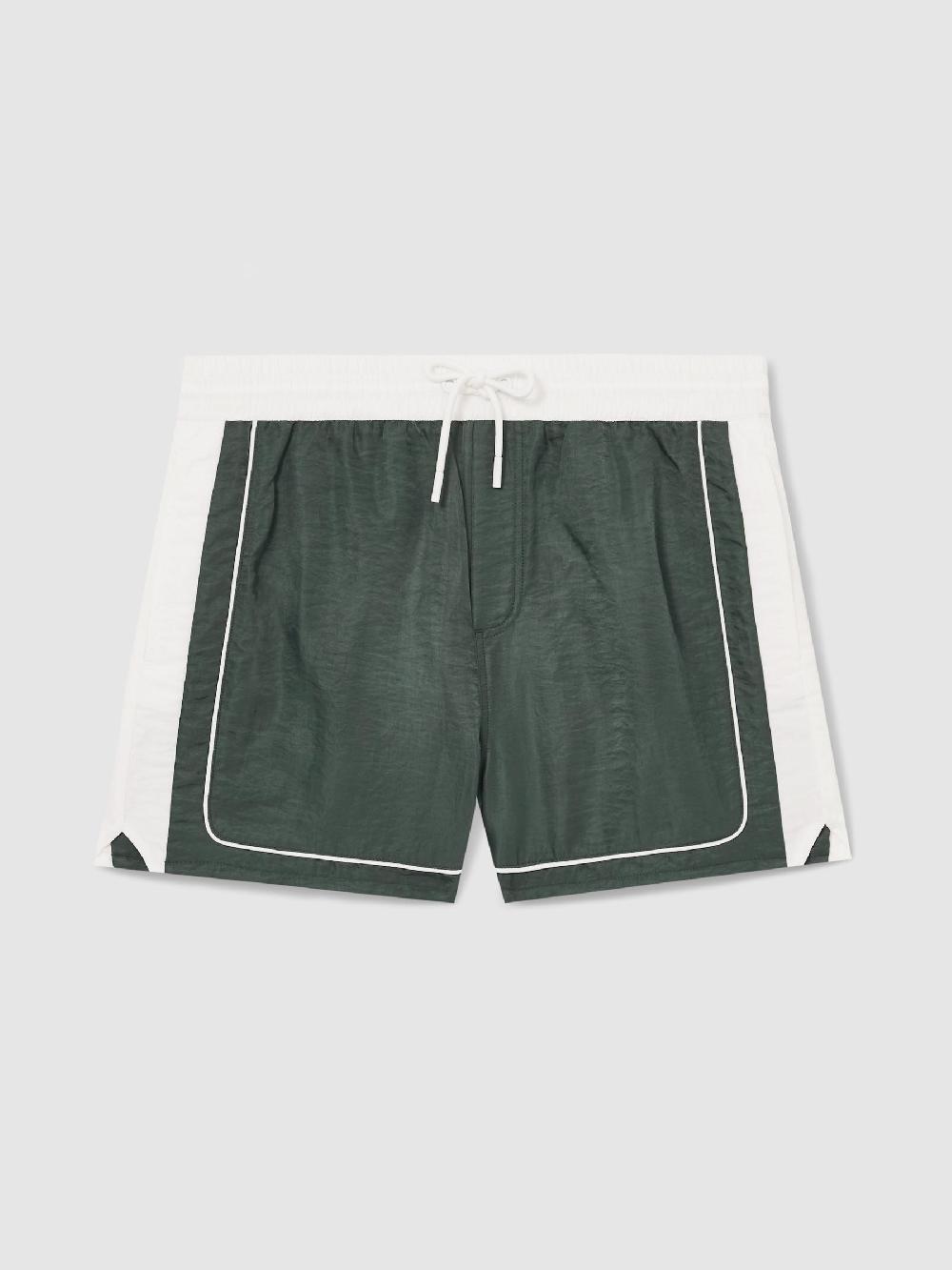 Reiss Colour-Block Piped-Trim Swim Shorts In Dark Green/White