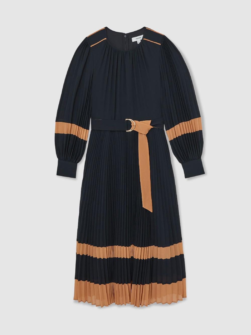 Reiss Colour-Block Pleated Midi Dress In Navy/Camel