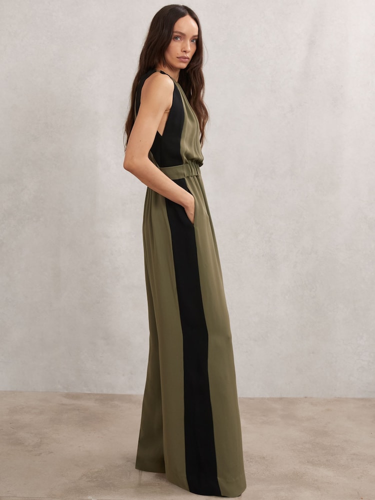 reiss Colourblock Gathered Wide-Leg Jumpsuit in Khaki Green/Black