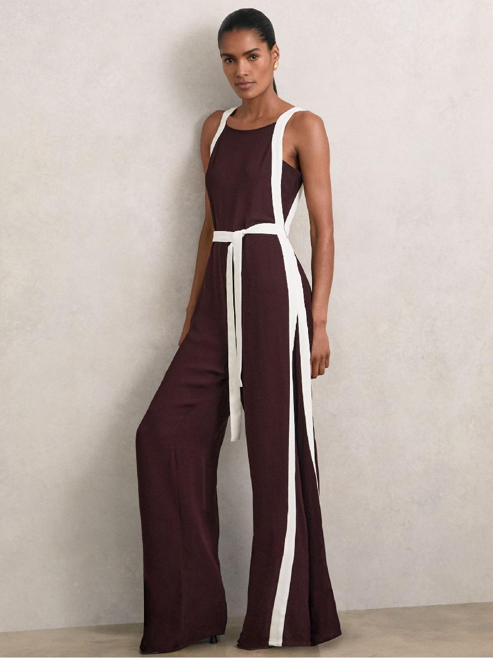 Reiss Colourblock Wide Leg Belted Jumpsuit In Burgundy/Cream