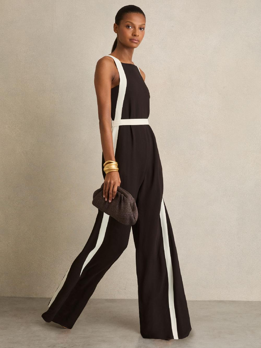 Reiss Colourblock Wide Leg Belted Jumpsuit In Chocolate/Cream