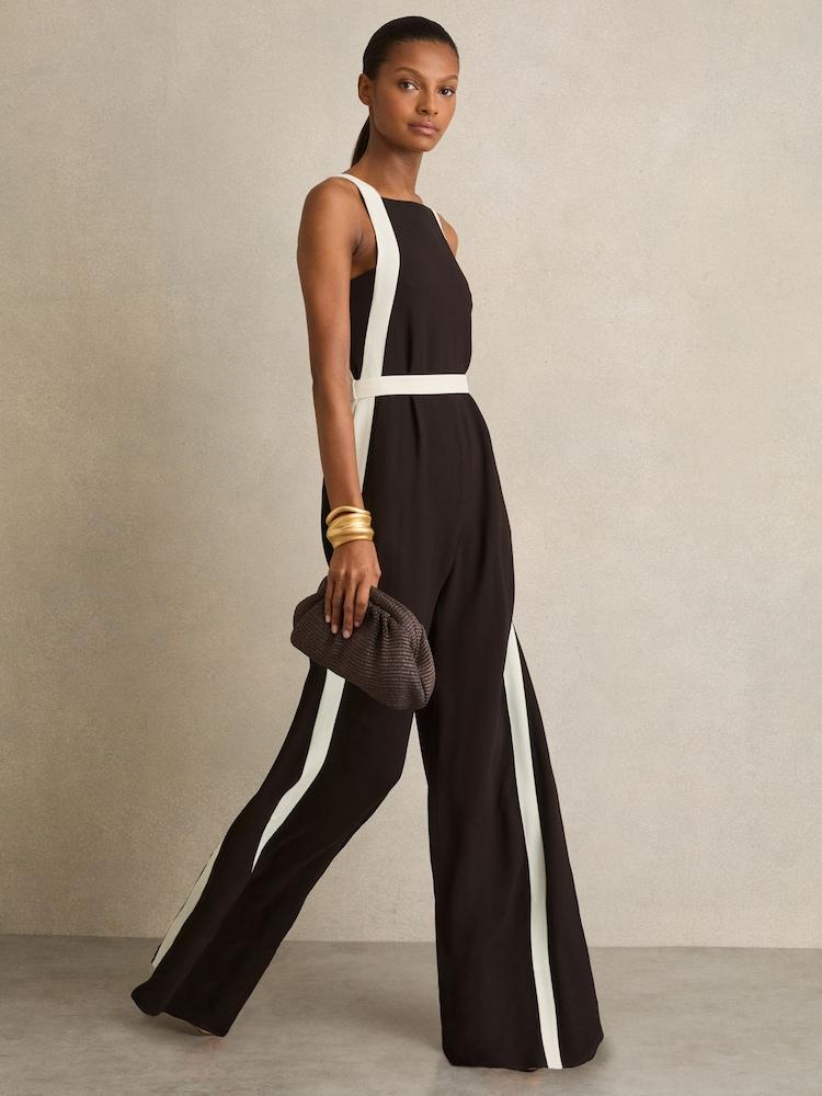 reiss Colourblock Wide Leg Belted Jumpsuit in Chocolate/Cream