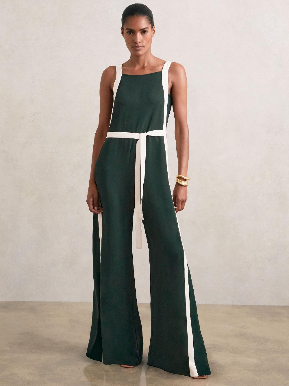 Reiss Colourblock Wide Leg Belted Jumpsuit In Dark Green/Cream