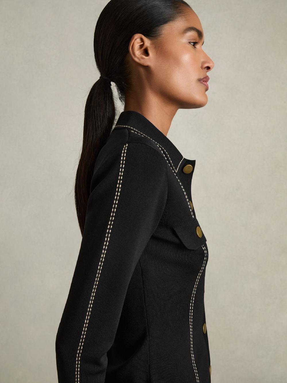 Reiss Compact-Knit Topstitched Press-Stud Top In Black
