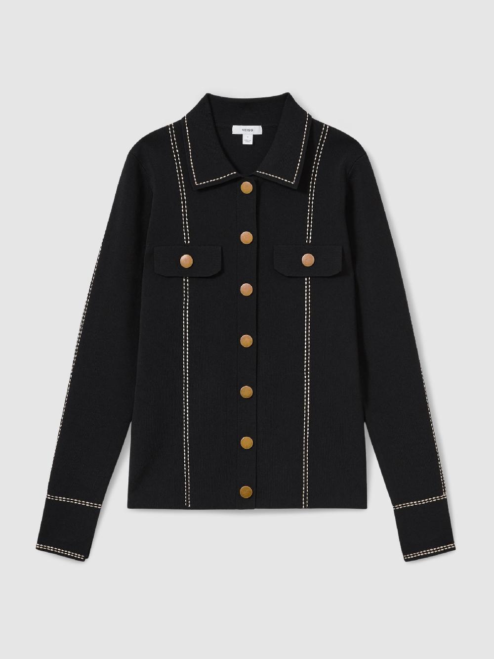 Reiss Compact-Knit Topstitched Press-Stud Top In Black