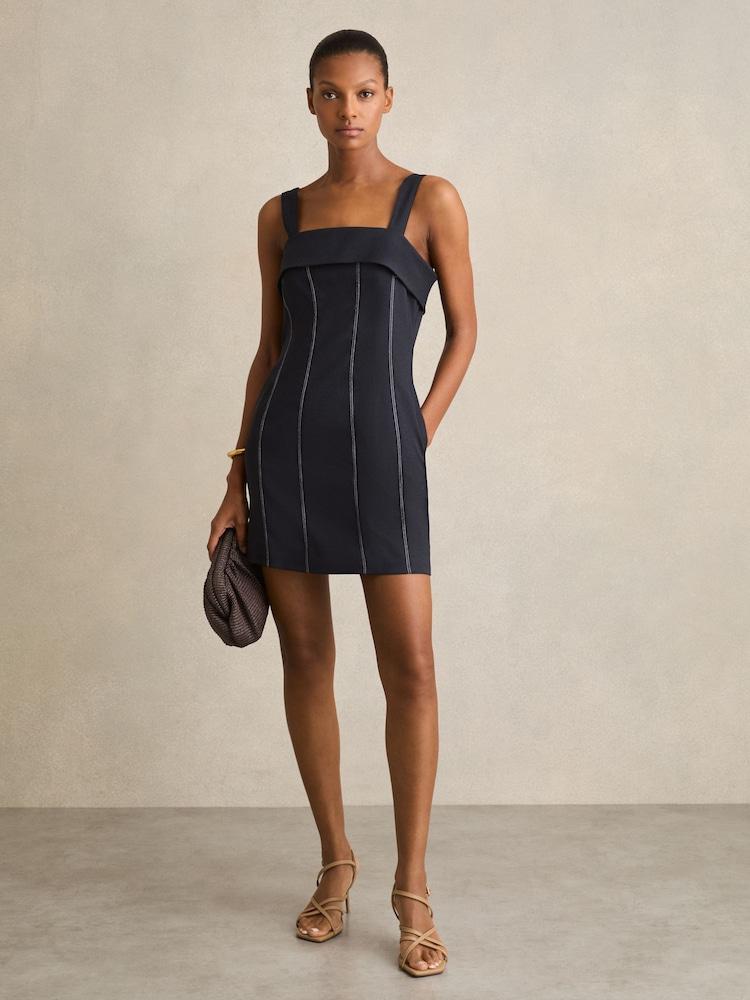 reiss Contrast-Stitch Structured Mini Dress in Navy