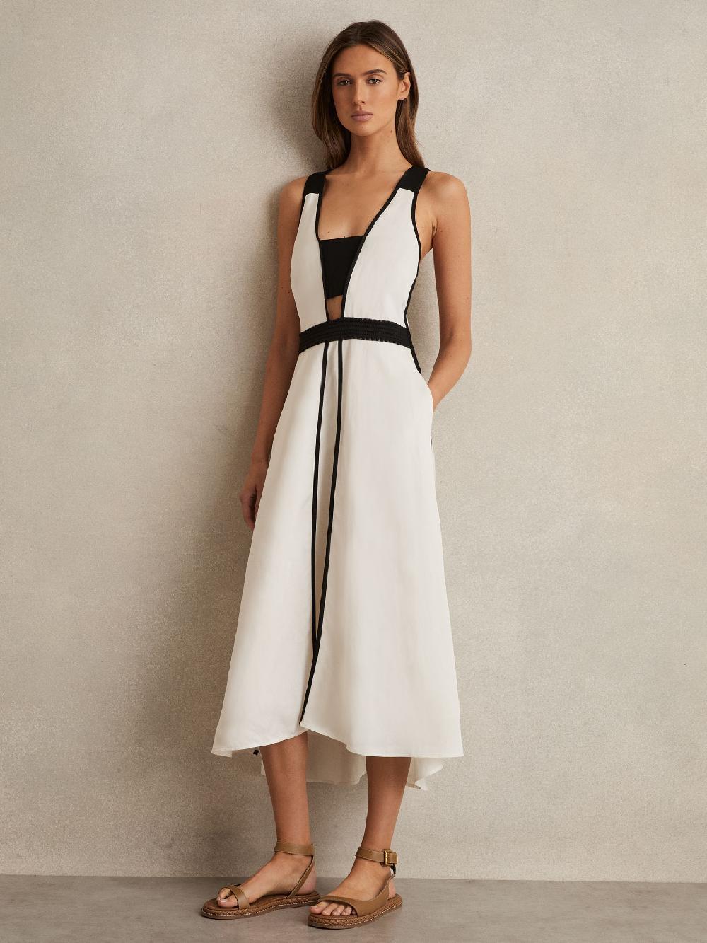 Reiss Contrast-Trim Flared Midi Dress With Linen In Ivory/Black