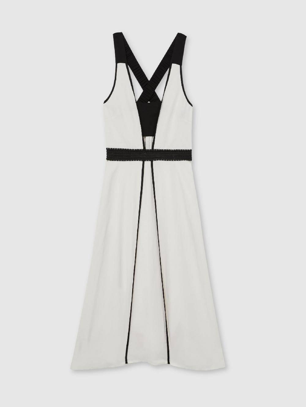 Reiss Contrast-Trim Flared Midi Dress With Linen In Ivory/Black