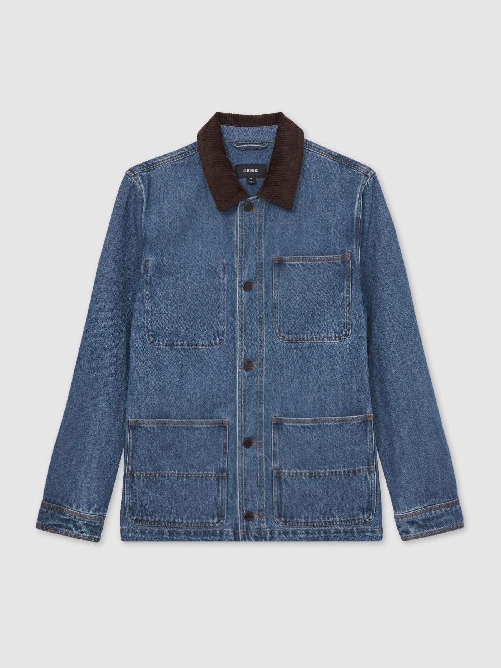 Reiss Corduroy Collar Denim Worker Jacket In Denim Blue