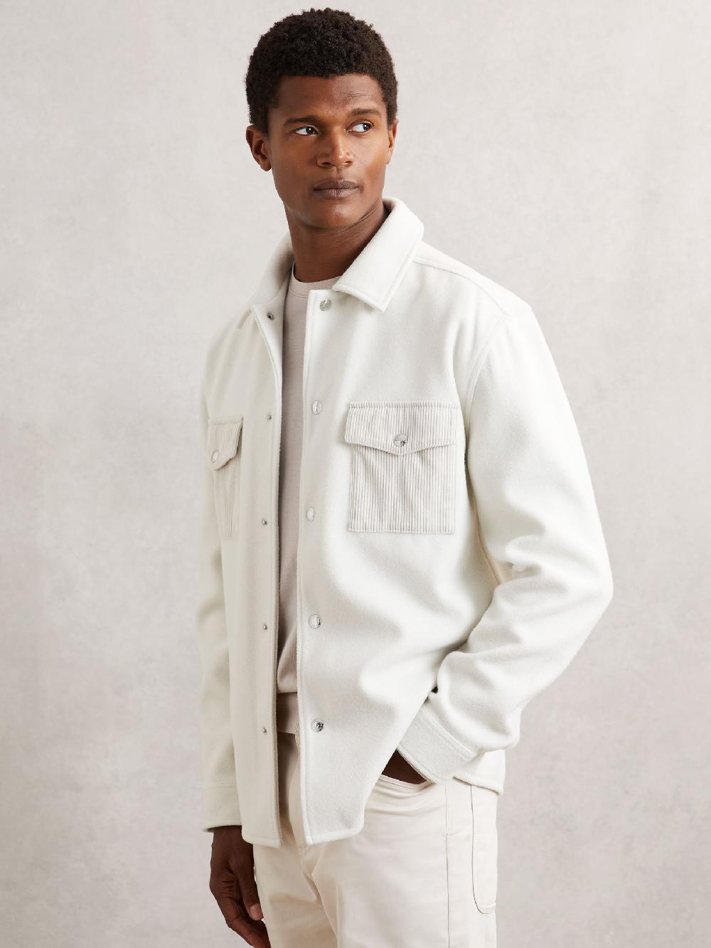 Reiss Corduroy-Pocket Press-Stud Overshirt In Off White