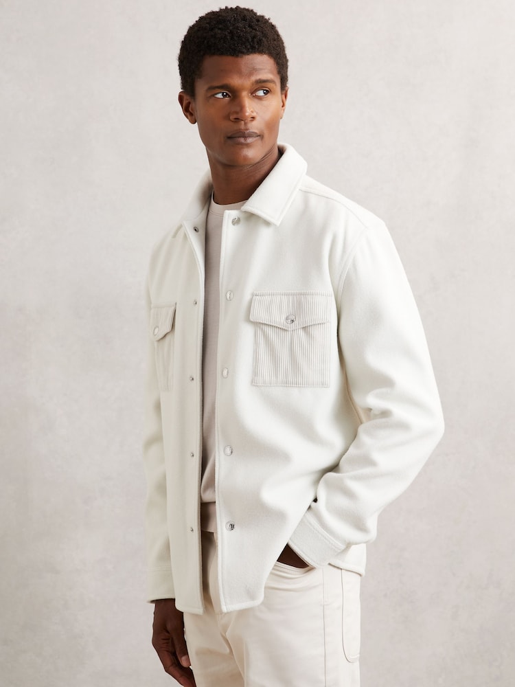 reiss Corduroy-Pocket Press-Stud Overshirt in Off White