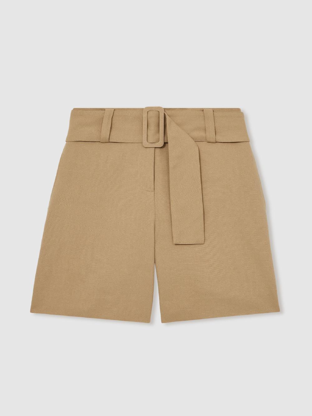 Reiss Cotton-Blend Belted Shorts With Linen In Camel