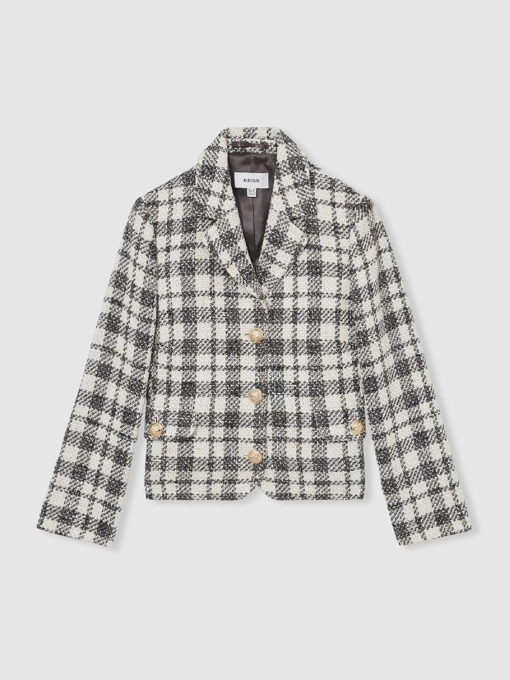 Reiss Cotton Blend Check Cropped Jacket In Grey Check