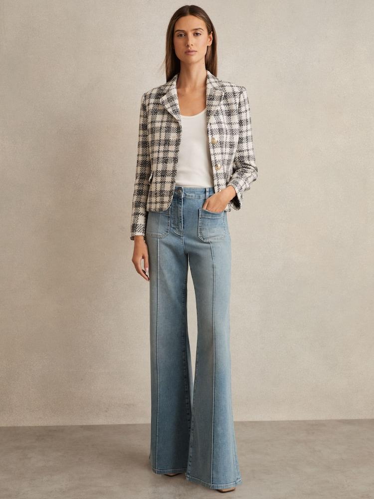 reiss Cotton Blend Check Cropped Jacket in Grey Check
