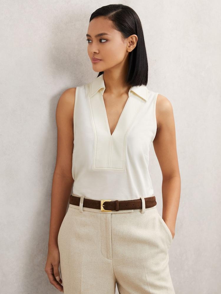 reiss Cotton-Blend Collared Sleeveless Top in Ivory/Neutral