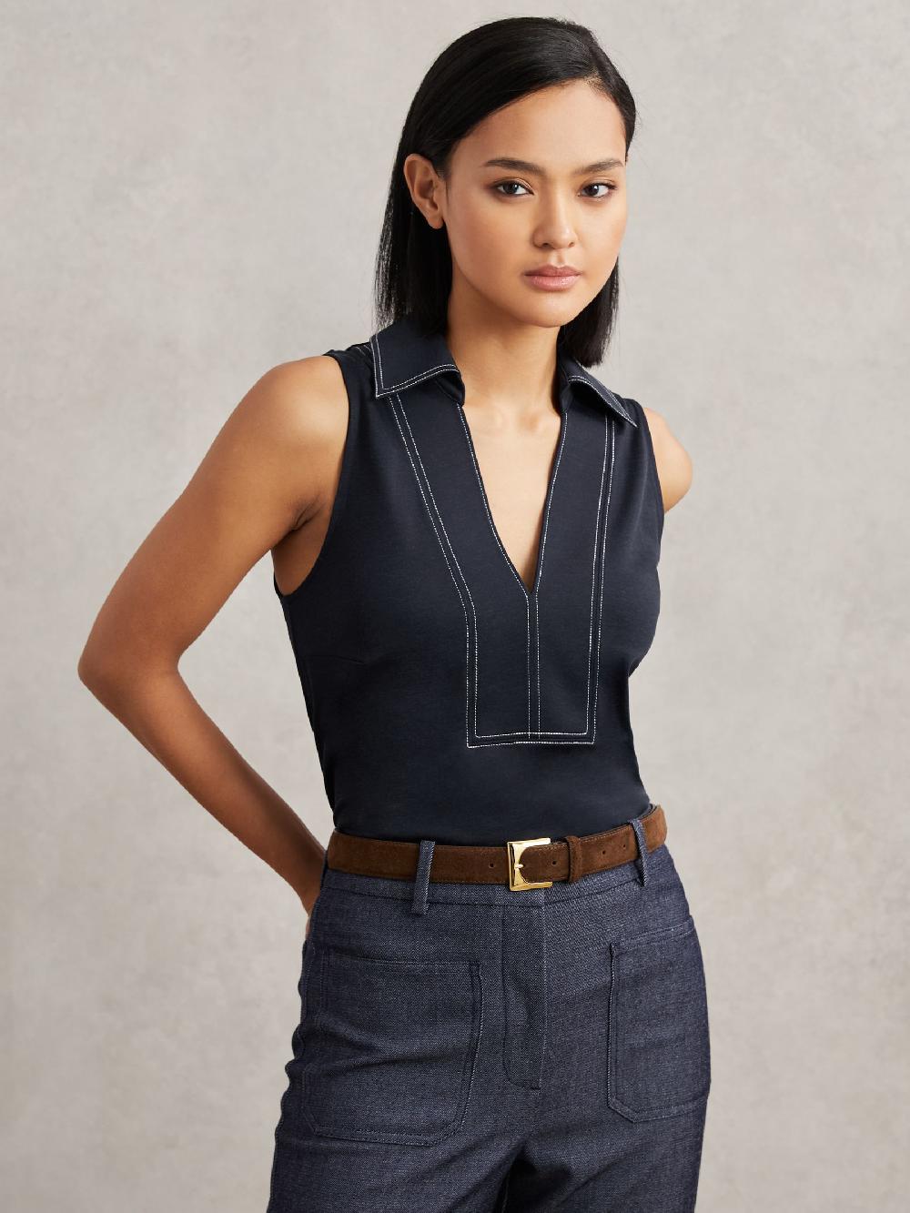 Reiss Cotton-Blend Collared Sleeveless Top In Navy/Ivory