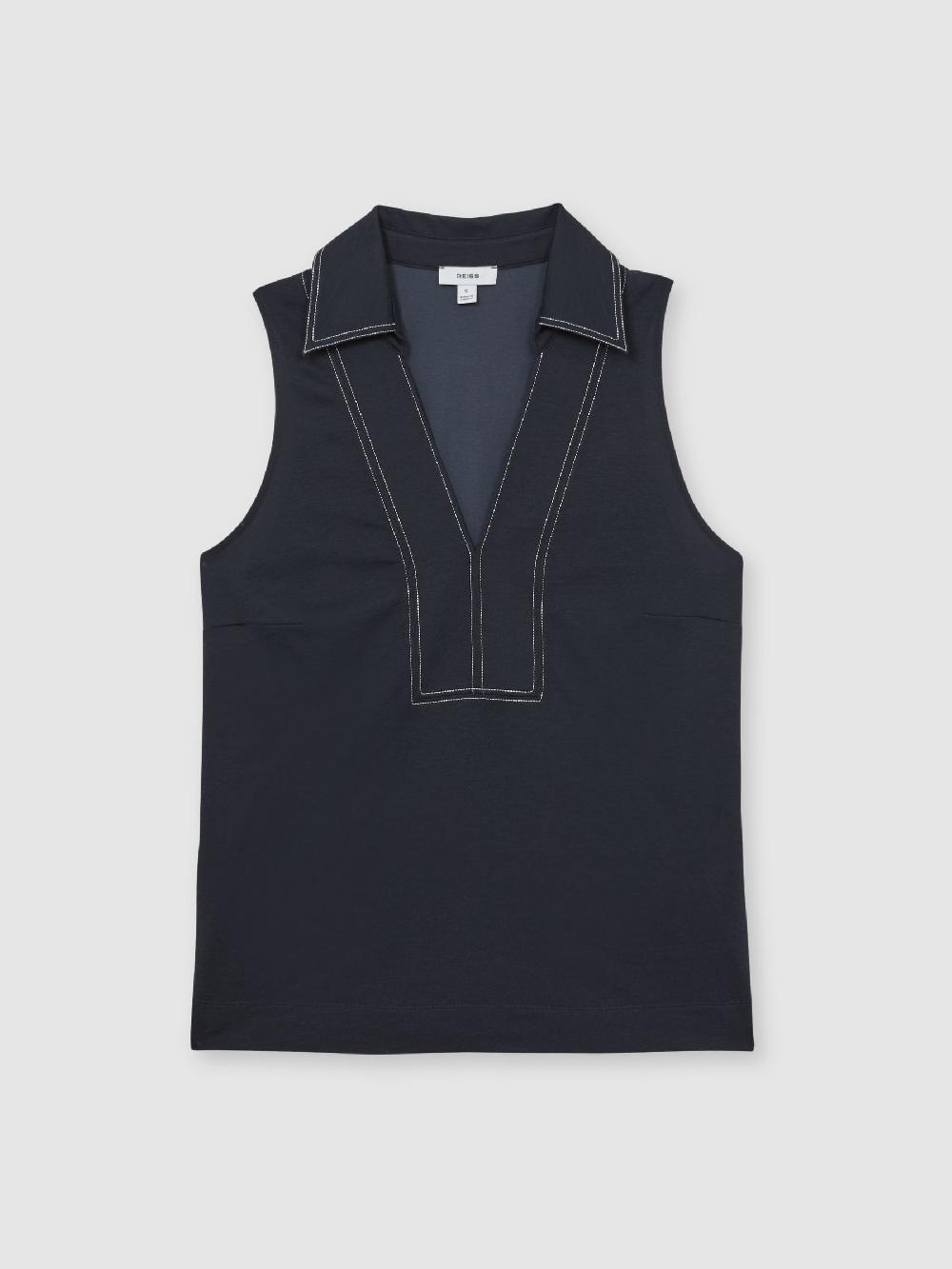 Reiss Cotton-Blend Collared Sleeveless Top In Navy/Ivory