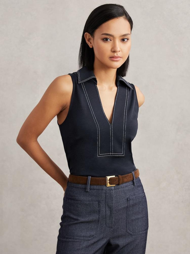 reiss Cotton-Blend Collared Sleeveless Top in Navy/Ivory