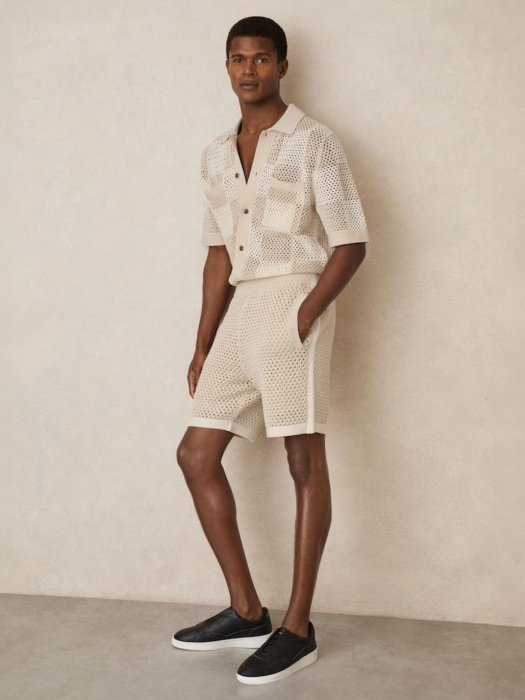 reiss Cotton-Blend Crochet Shorts in Taupe/Off White