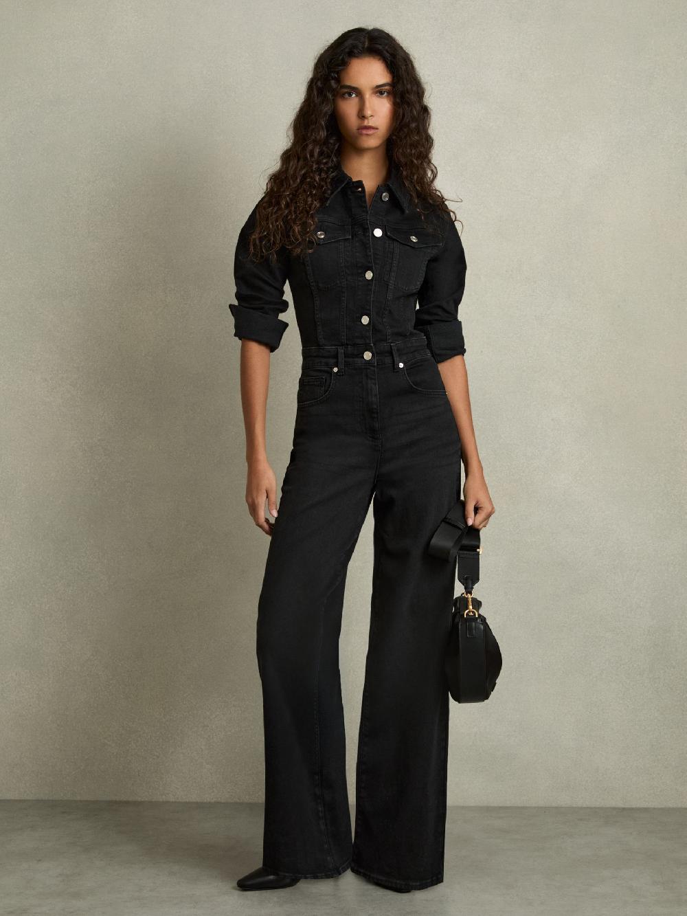 Reiss Cotton-Blend Denim Relaxed-Fit Jumpsuit In Black