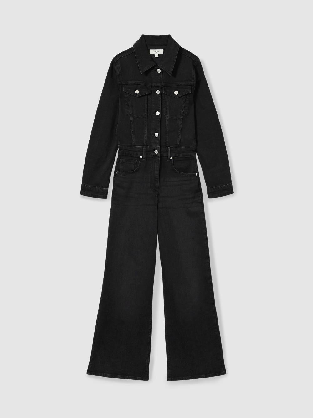 Reiss Cotton-Blend Denim Relaxed-Fit Jumpsuit In Black