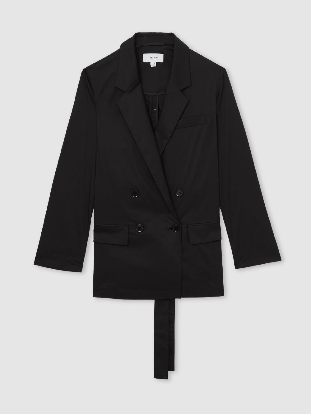 Reiss Cotton Blend Double Breasted Belted Jacket In Black